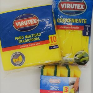 Pack Virutex 10 Paños Amarillos + Guante conveniente + 3 esponjas anatómica